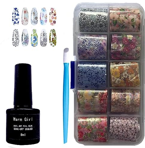 Warm Girl Nail Art Stickers Glue Gel Set, 10 rolls Laser Tie-dyes Transferfolie mit Klebegel, Nail Transfer Foil für Gel Nail DIY, LED Lamp erforderlich