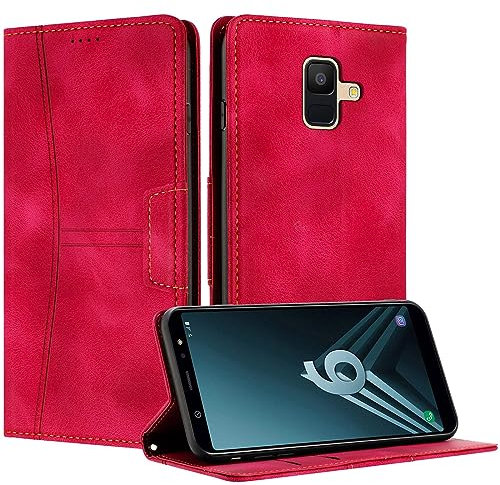 Radoo Kompatible Samsung Galaxy A6 2018 Hülle, Faltbare PU Premium Leder Flip Handyhülle mit Kartensteckplatzständer Magnetverschluss Stoßfeste Lederhülle (Rot)