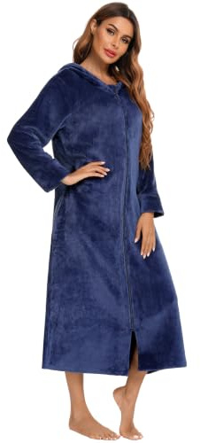 Veseacky Women's Long Sleeve Zip Flannel Hooded Loose Fit Warm Robe Navy Blue XXL