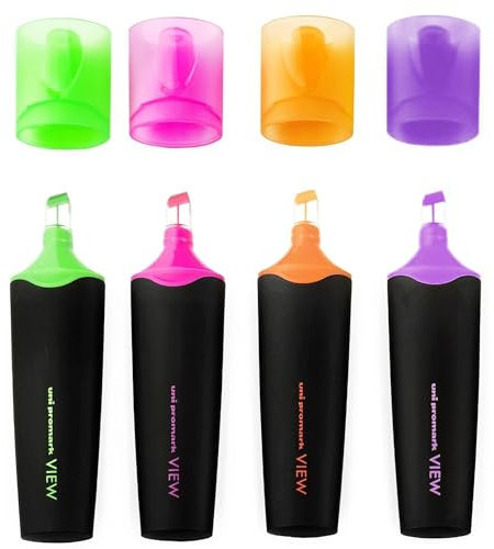 uni-ball - USP-200 Promark View Highlighter Pens - 5mm Chisel Tip - Green, Pink, Orange, Violet - Pack of 4
