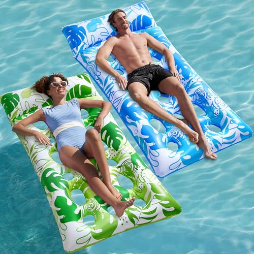 Sloosh Inflatable Pool Floats Lounger, 2 Packs XL Pool Inflatables Keep Cool Sun Tanning Bed Float with Headrest for Adults,Floating Mat Raft Floaty for Lake Beach Swimming Pool Water Fun(Blue, Green)