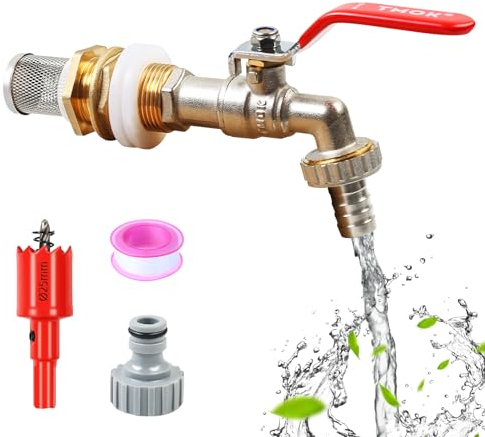 MaxEarn 3/4 Zoll Kugelauslaufhahn, Messing IBC Auslaufhahn, S60x6 Kugel Auslaufventil, mit Filtersieb + Lochsäge, Garten Wasserhahn für IBC Regenwassertank Container
