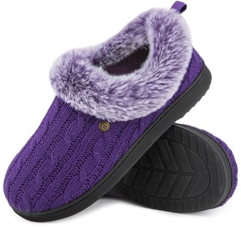 HomeTop Women's Cable Knit Slippers Breathable Warm Comfy Non-slip Indoor Outdoor House Shoes with Fuzzy Collar Purple, 5-6 UK
