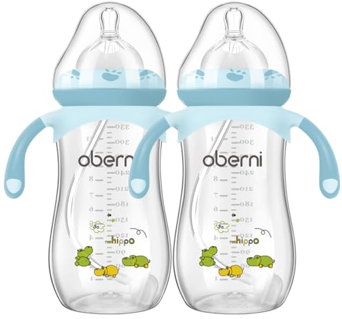Oberni Babyflasche 330 ml, 11oz, beschwerter Strohhalm, Kleinkind-Milchflasche mit variablem Sauger (Größe +), ab 12 Monaten, Blau/2 Stück