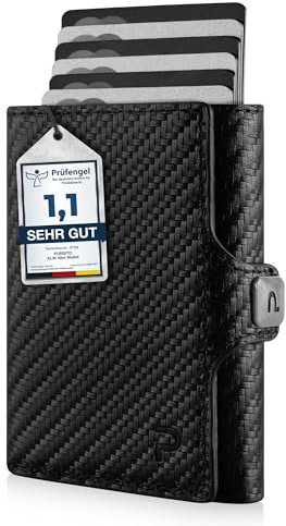 PURISTO KLIK Classic Slim Wallet mit Münzfach - Mini-Geldbörse für Herren aus Echtleder - Kleines Kartenetui mit RFID-Schutz für 10-14 Karten - Carbon