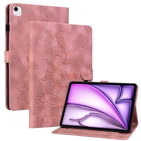 Rosbtib Coque pour iPad Air 11 Pouces (M4/M3/M2, 2026/2025/2024) / iPad Air 5/4 10.9, Multi-Angles de Visualisation Housse de Protection en Similicuir avec Porte-Carte Couverture Motif Lys, Rose