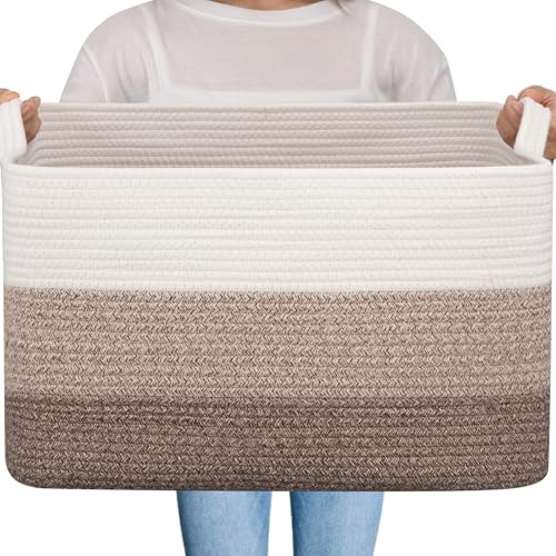 OIAHOMY Large Blanket Basket, 65L Cotton Rope Woven Laundry Basket, Toy Bin for Baby Room, Container for Blanket Storage in Living Room, 20''×16''×12'', Gradient Brown