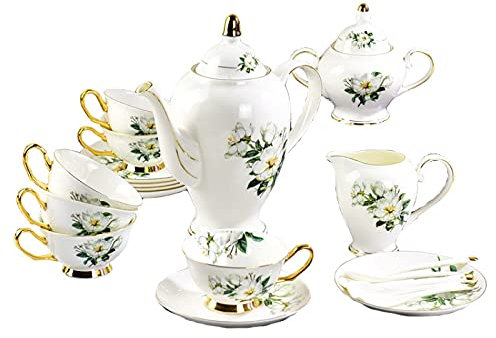 Juegos de té de cerámica, juego de café de China,Juego de té, 15 piezas Set de té de la tarde para adultos tazas de café Set Vintage de hueso de alto grado China tazas regalo de cumpleaños