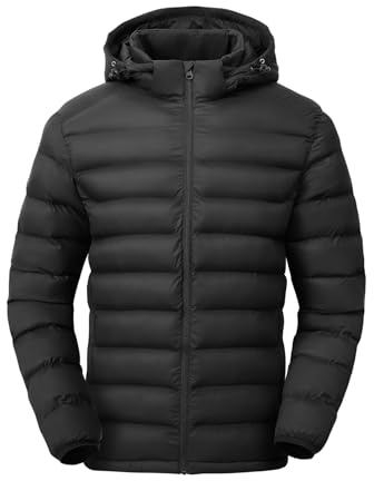 TBMPOY Men's Lightweight Puffer Down Jackets Detachable Hood Water-Resistant Winter Coat Hooded Insulated for Travel Ski Black S