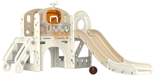 AIYAPLAY Kinderrutsche, 7-in-1, Kleinkinderrutsche mit Basketballkorb, Klettergerüst, Teleskop, Tunnel, Plattformgang, Aufbewahrungskorb, Kinder Spielplatz für 1 bis 6 Jahre Kinder