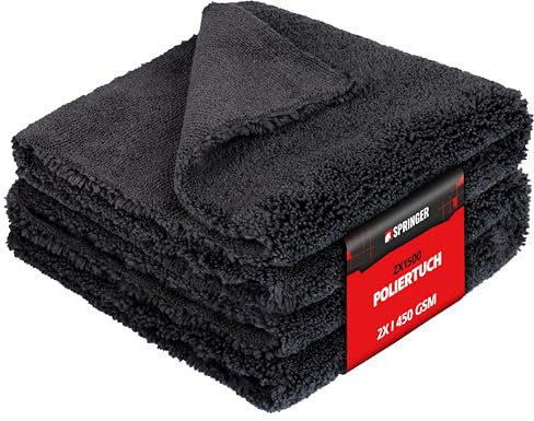 SPRINGER ZX1500 - - 2 x Panno Doppio in Microfibra 40 x 40 cm - - 2 in 1 Cura Auto 450 GSM - Per Lucidare e Asciugare - Panno Lucidante Senza Bordi né Cuciture - Antipolvere e Senza Aloni