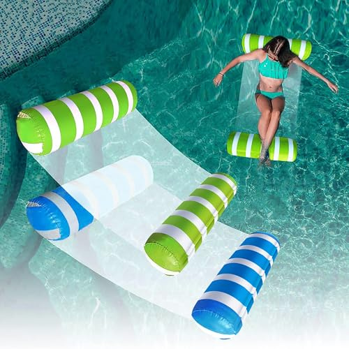 Inflatable Pool Hammock Float 2-Pack, Multi-Purpose Water Hammock for Adults & Kids - Converts to Lounge Chair & Saddle Seat, for Pool, Lake & Beach (Light Blue, Green)
