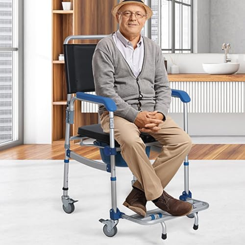 uyoyous toilettenstuhl für senioren, Duschstuhl mit Rollen bis 150KG, Toilettenrollstuhl mit 4 Feststellbaren Rollen, Verstellbarer Nachtstuhl mit Armlehnen für Senioren 56×52×106cm