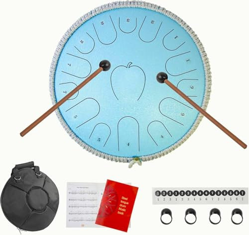 Truevaste Zungentrommel, 14 Zoll 15 Tone C-Dur Steel Tongue Drum mit Liederbuch, Schlägel, Fingersticks & Tragetasche, Handpan Instrument, Regentrommel für Meditation Yoga Klangheilung Unterhaltung