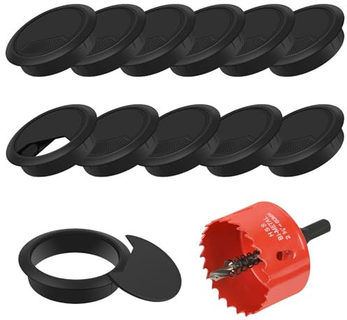 Flintronic 12 Piezas Pasacables Escritorio, 60 mm Cubierta de Orificio de Cable Negro, Cable Ojales Escritorio Computadora con Sierra Perforadoras, Escritorio Cubierta de Agujero, para Hogar y Oficina