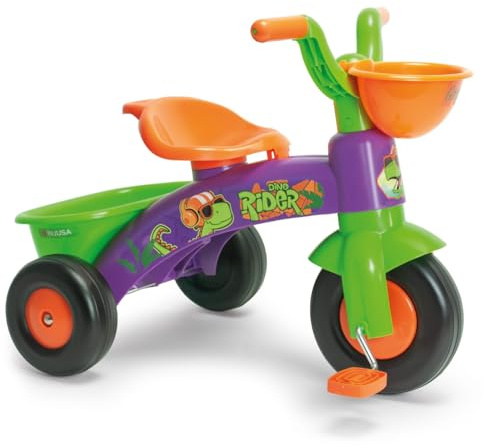 Triciclo Bebe 1 Año 2 Años 3 Años Trico MAX Dino Rider - Triciclo Infantil para Niños y Niñas - Triciclo Ligero con Pedales + Cesta Delantera y Trasera Portaobjetos - INJUSA