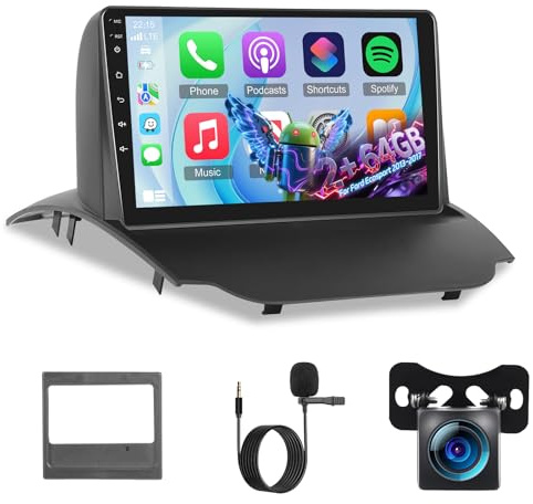 2G+64G Android Radio Coche para Ford Ecosport 2013-2017, Radio de 9 Pulgadas Pantalla con Carplay y Android Auto/WiFi/GPS/Bluetooth/EQ/Radio FM RDS +Cámara de Seguridad