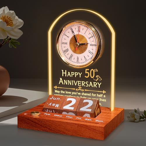 50 Jahre Hochzeit Geschenk, Jubiläum Quarzuhr Schreibtisch Tischuhr 50 Jahre Ehe Goldene Hochzeit für Paar Eltern Großeltern (Holzsockel mit LED-Licht)