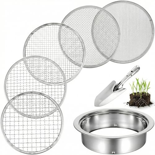 Erdsieb Edelstahl 7-teilig Gartensieb Set, kompostsieb rund metall mit 5 austauschbaren Siebeinsätzen (1,3,6,9,12mm) mit Spaten für Erde, Katzenstreu, Kompost