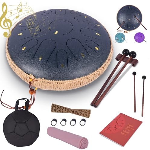 Heyfriday Steel Tongue Drum - 14 Inches 15 Notes Rain Drum -Large Metal Hand Pan Drum for Adults/Kids with Music Book, Handpan Mallets and Carry Bag,C Major Musical Instrument(Navy Blue)