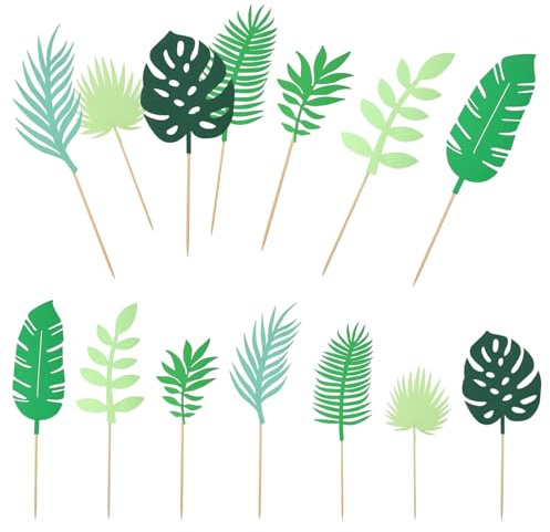 Lot de 14 décorations de gâteau en forme de feuilles tropicales – Décorations de fête sur le thème de la jungle pour événements hawaïens, safari, îles – Feuilles de palmier vertes – Idéales pour la