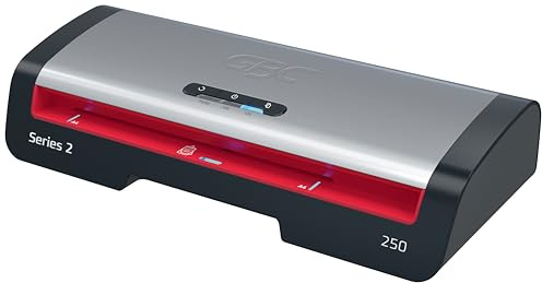GBC 250 Office A4 Lamineringsmaskin – Snabb uppvärmning på 1 minut, 75–125 mikron, LED-inmatningsguider, anti-jam, automatiskt stanby-läge, inkluderar 5x A4 lamineringsfickor, svart/röd, 4410070EU
