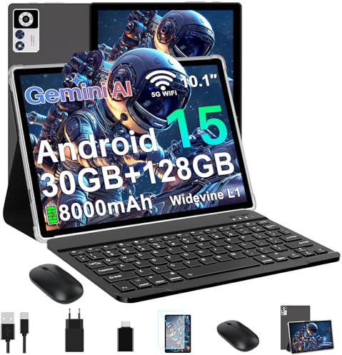 ZIOVO Android 15 Tablet 10 Pulgadas, 30GB RAM+128GB ROM (TF 1TB), Octa-Core Tablets, Widevine L1/GMS/5G WiFi/8000mAh/Gemini AI/Cuerpo Metálico/BT 5.0/8+5MP, 2 en 1 Tablet con Teclado y Ratón- Negro