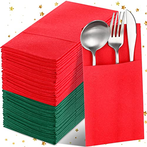 Crtiin 50 Pcs Christmas Linen Dinner Napkins with Built in Flatware Pocket Disposable Airlaid Paper Napkins Bulk Pre Folded for Guest Kitchen Party Bathroom or Event (Red,Green)