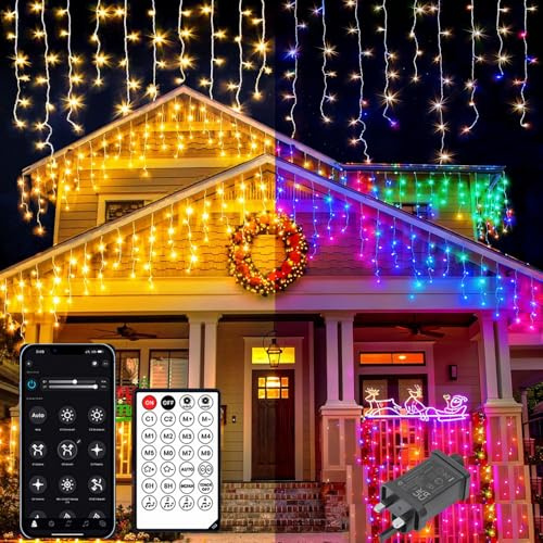 TEKXDD Icicle Outdoor Christmas Lights 400 LED 10M, 【APP Control】 Waterproof Warm White and RGB Icicle Lights, Remote +17 Modes + 4 Brightness + Timer + Speed, Xmas Lights Outdoor Decorations