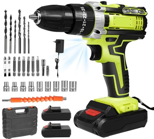 Perceuse Visseuse Sans Fil, 28V Visseuse Devisseuse Sans Fil avec 2 Batterie, 45Nm, 25+3 Réglages de Couple, 2 Vitesses, LED, 24 Accessoires et Valise, pour la Bricolage (A)