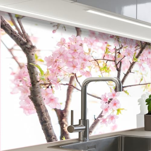KitchenYeah© Paraschizzi Cucina Adesivo Pannello Parete Paraspruzzi | 60x80 cm - Piano Cottura Fiori di ciliegio - Rosa - Sakura - Natura