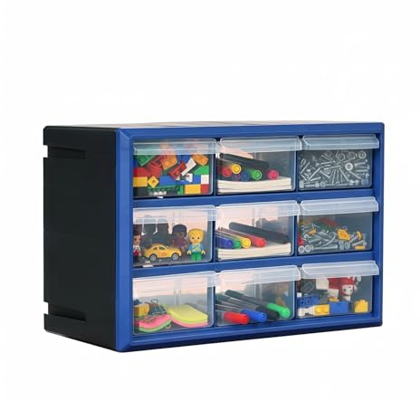 Kleinteilemagazin-Aufbewahrungsschrank mit 9 Schubladen, stapelbarer Hardware-Organizer mit durchsichtigen Schubladen, robuster Kunststoff-Teilekasten für Schrauben, Perlen & Bastelzubehör