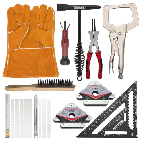 VASTOOLS MIG Welding Tools,10pc,Chipping Hammer,Leather Welding Gloves,Speed Square,Welding Clamp,Soapstone Holder,Welding Magnet,Welpers Pliers,MIG Nozzle Reamer,Wire Brush