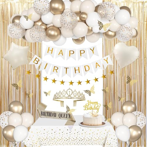 BlueCloudy Decoración de cumpleaños para mujer, globos foil arena blanca beige crema neutro oro, mantel, banda, corona, cortinas, bandera Feliz Cumpleaños, guirnalda estrellas doradas, mariposa | Beige Crema Neutral Foil Globos Mantel Sash Corona Cortinas Cumpleaños Banner Estrella Guirnalda para Mujer Decoraciones