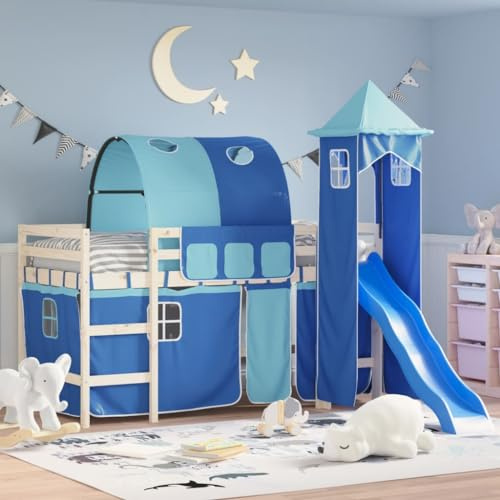 PUGYNBK Vorhänge für Hochbett mit Tunnel und Turm Blau 4-teiliges Set für Indoor-Spielplatz Abenteuer mit Aufbewahrungstaschen und strapazierfähigem Polyester Material