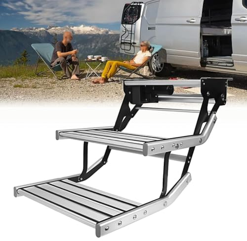 Infällbara husbilstrappsteg, elektriskt husbilstrappsteg med ljus LED-belysning, 440 lbs kapacitet, hopfällbar aluminiumram och halkfria ytor för husbil, husbil, husvagn Double-12V