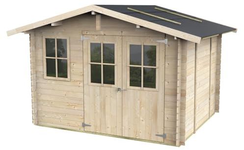 Abri de jardin en bois Olivia 3 x 2,5 m avec sol inclus, murs de 25 mm, porte double fenêtre et fenêtre latérale, abri à outils d'extérieur en épicéa naturel