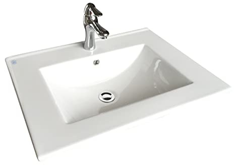 Square Drop-In Self Rimming White Porcelain Ceramic Bathroom Sink Single Hole Faucet And Drain Included With Overflow Hole, Easy Install Grade A Vitreous Porcelain Ceramic Scratch And Stain Resistant