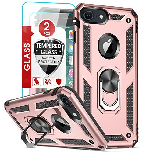 LeYi Coque pour iPhone SE3 2022/8/7/SE 2020/6/6s avec 2 Verre Trempé, Anneau Support Militaire Anti-Chute Renforcée Bumper Antichoc TPU Souple et PC Rigide Protection Etui Or Rose