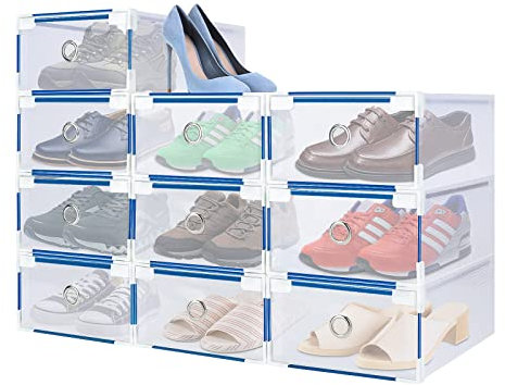 BALLSHOP Lot de 10 boîtes empilables pour chaussures – Organisateur transparent 28 x 18 x 10 cm – en plastique, bricolage, avec tiroirs