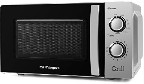Orbegozo MIG 2138, Microondas con grill, 900 W, 5 niveles de poténcia, 20 litros de capaciad, 3 funciones, incluye rejilla para funcion gril, temporizador, señal de fin de coccion, color silver