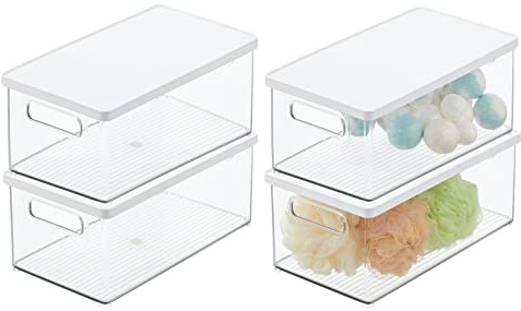 mDesign 4er-Set Kosmetik Organizer – praktische Kosmetikaufbewahrung aus Kunststoff mit abnehmbarem Deckel – stapelbare Kunststoffbox zur Aufbewahrung von Kosmetik und Make-up – durchsichtig/weiß