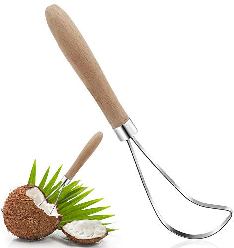 Coconut Meat Removal Tool,Meiyouju Stainless Steel Coconut Meat Scraper with Durable Wooden Handle,Coconut Scraper Slicer,Multi-Purpose Fruit Knife Tool for Cantaloupe Watermelon, etc.