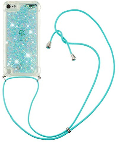 COTDINFOR Kompatibel mit iPod Touch 7 Hülle mit Handykette Flüssigkeit Glitzer Protective Sparkle Floating Bling Silikon Lanyard Handyhüllen für iPod Touch 5/6 / 7 TPU Star Green YB.