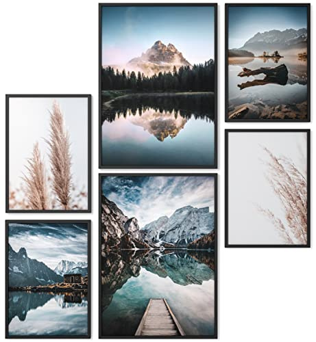 Papierschmiede® Mood Poster Set Mountain View, Bilder Wohnzimmer Deko Schlafzimmer, 2x 30x40 cm und 4x 21x30 cm, Berg Wald See Pampas Gras - Wandposter ohne Rahmen