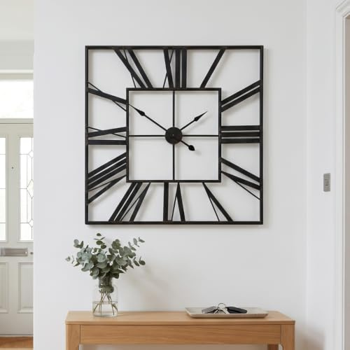 Heaven4you Large Square Wall Clock 60cm Black Roman Numerals Metal Silent | Square metal frame, 60cm/23.6in. Roman numerals, silent sweep, no ticking. Hook & guide included. Living room, kitchen