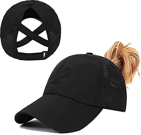 Pferdeschwanz Baseballkappe Damen Sommer Einstellbare Schnell trocknende Masche Atmungsaktiv Baseballmütze Unisex Criss Cross Hüte Sport Mütze (Schwarz)