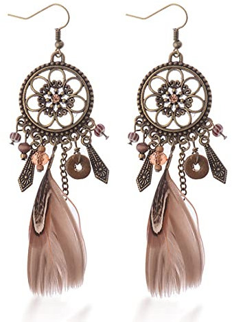 ysister Feder-Ohrringe Traumfänger Baumeln - Durchstochen Drop Ohrringe Mit Rundem Ausschnitt, Seil Klinge Anhänger - Braun Lange Schmuck für Frauen