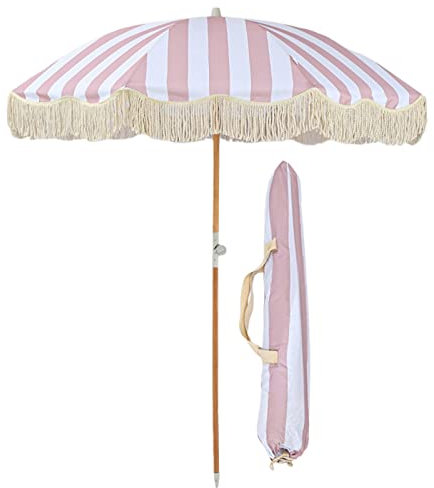 YFZNWHX Parasol De Jardin Extérieur Inclinable, Parasol Élégant Rayé Rose Et Blanc, Parasol De Plage Vintage, Mât en Bois, Parasol Rond Décoré De Pompons, 2M, Pare-Soleil, Protection Contre La Pluie