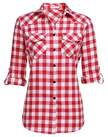Zeagoo Chemise à carreaux pour femme avec boutonnière courte/manches longues Oktoberfest Chemisier à carreaux Tunique en coton Hauts décontractés Col en V Hauts S-3XL